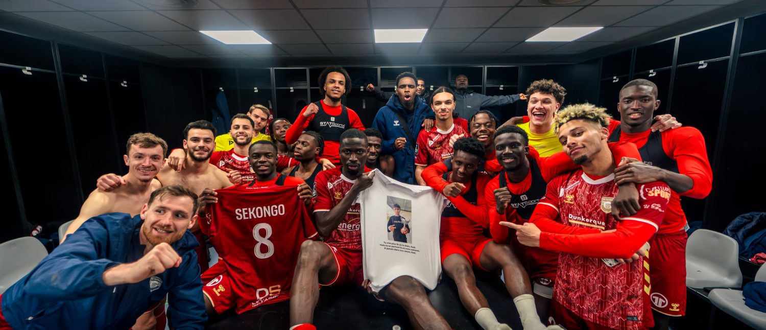 USL Dunkerque players celebrating a win in the dressing room
